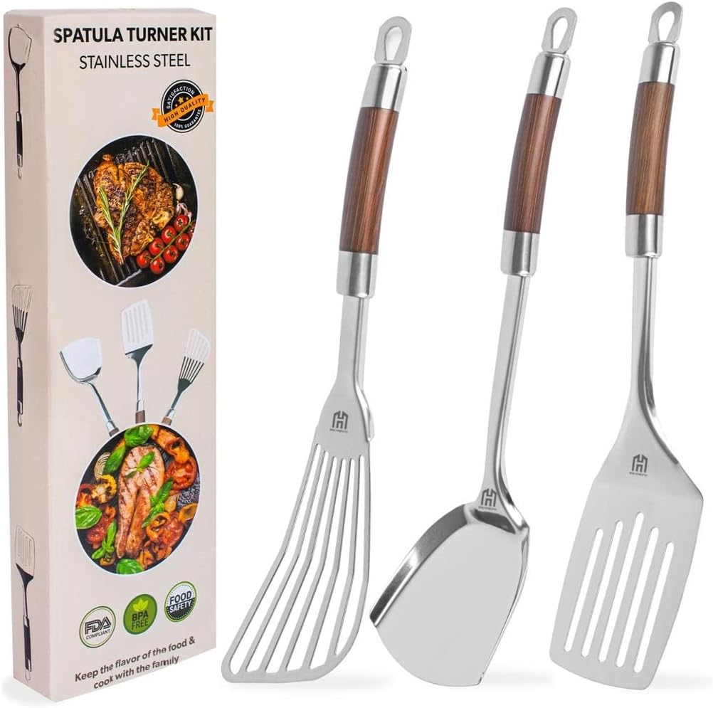 Metal Spatula Cooking Tools Set - Professional Kitchen Flat Flexible Long Handled Stainless Steel Flipper Utensils-Slotted Spatula Fish Spatula Wok Spatula Perfect for Pancake Burger Baking Cookies
