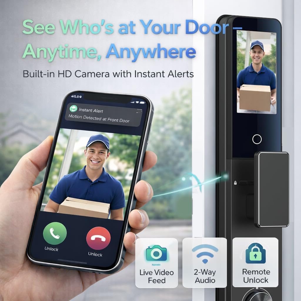 Smart Door Lock with Face Recognition: Built-in Video Monitor - 7-in-1 Keyless Entry: Palm Vein, Biometric Fingerprint, Keypad, App & Voice Control - Weatherproof Digital Deadbolt for Home Security