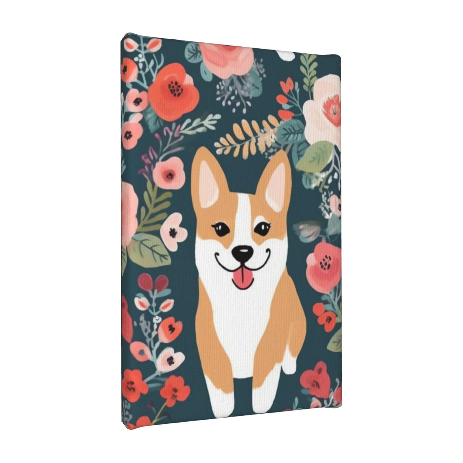 YKLJG Corgi Floral Flowers Printed Wall Art Canvas Painting 20x30 CM Wooden Framed Picture Painting Artwork Prints for Bedroom Kitchen Home Office Decor