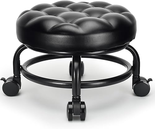 Taburete enrollable de baja altura de piel sintética, cómodo asiento giratorio de 360°, silla moderna con ruedas para oficina en casa, garaje, tienda
