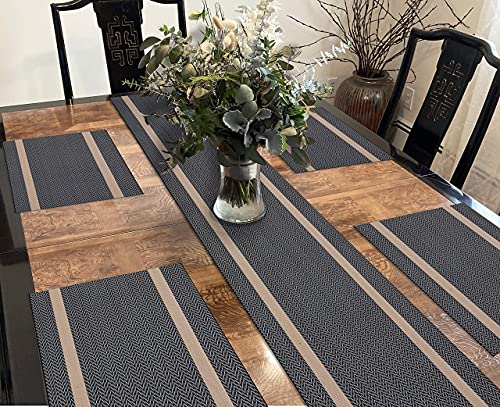 Ck Home Herringbone Stripe Runner & 4 Placemats Set, Woven Vinyl Table Mats For Indoor/Outdoor Use, Reversible-2 Looks In 1, Slate/Sand. #TOP4