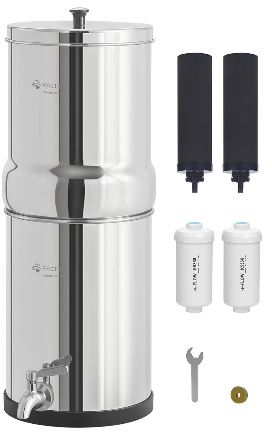 Gravity-Fed Water Filter System, 1.5G Stainless-Steel Countertop System with 2 Black NSF/ANSI 42 Certification Elements, 2 Fluoride, Metal Water Level Spigot, Reduces Fluoride and Chlorine