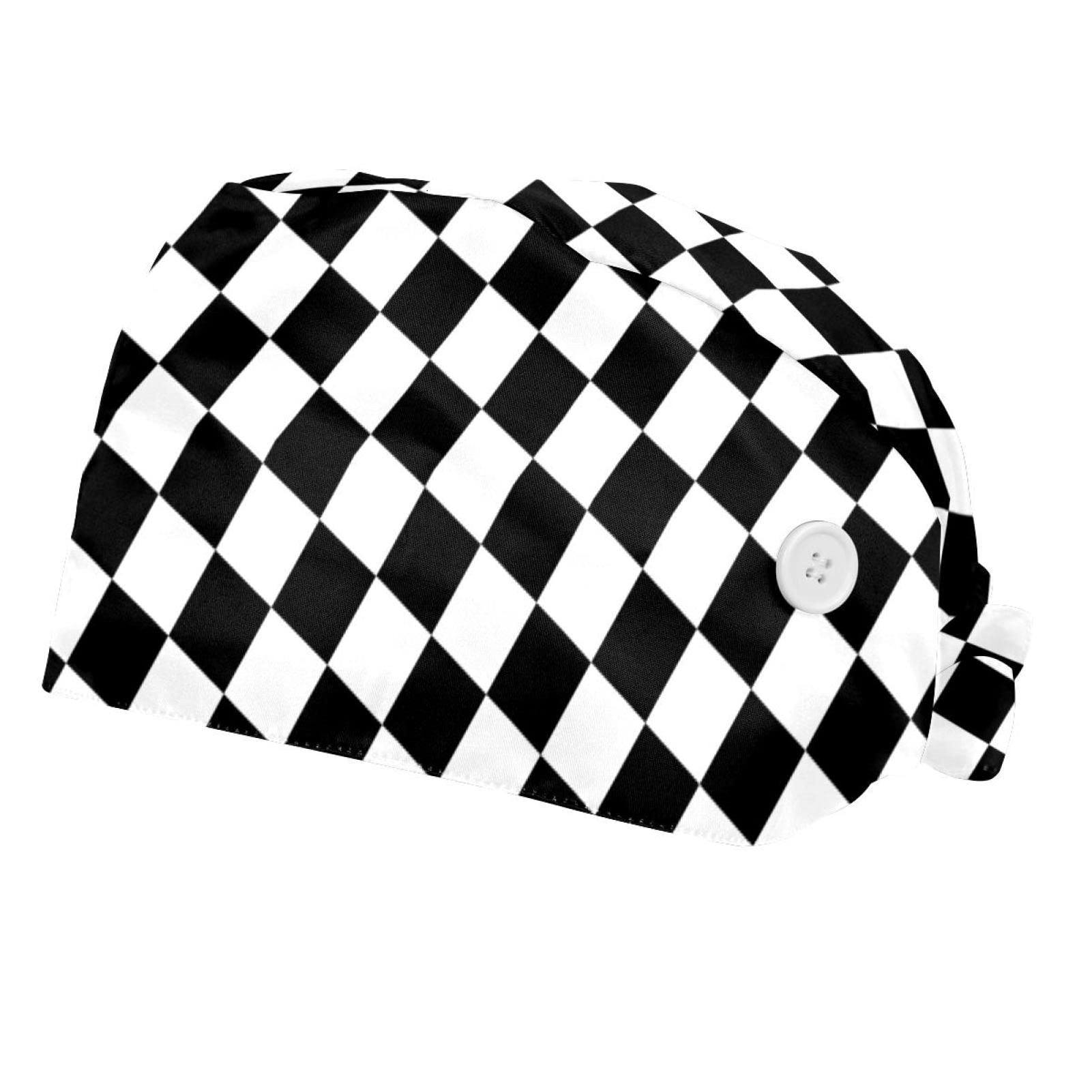 HonYea Black White Checkered Squares Adjustable Working Caps 2 Pack Bouffant Hats with Buttons Women Men one Size