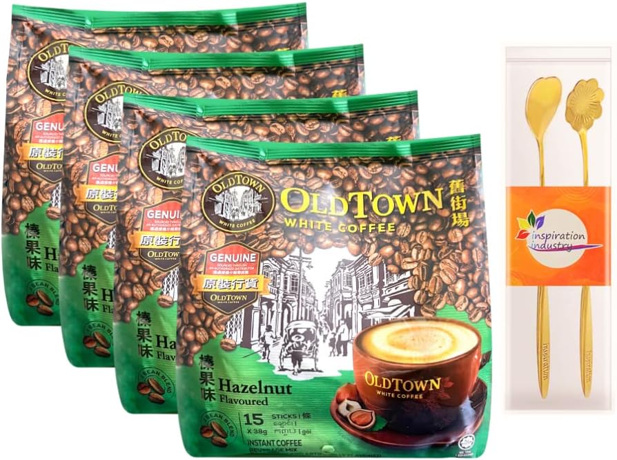 Old Town White Coffee - Malaysia Old Town Coffee Instant Coffee 3 in 1 Hazelnut Flavor -coffee powder，旧街白咖啡， Hazelnut Coffee 4 Packs（ Gift 2 coffee Stirrers )