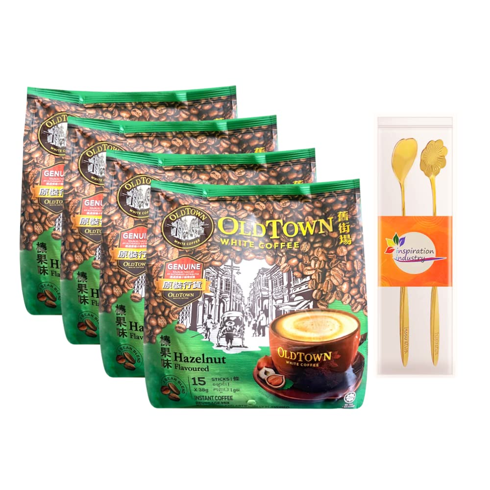 Old Town White Coffee - Malaysia Old Town Coffee Instant Coffee 3 in 1 Hazelnut Flavor -coffee powder，旧街白咖啡， Hazelnut Coffee 4 Packs（ Gift 2 coffee Stirrers )