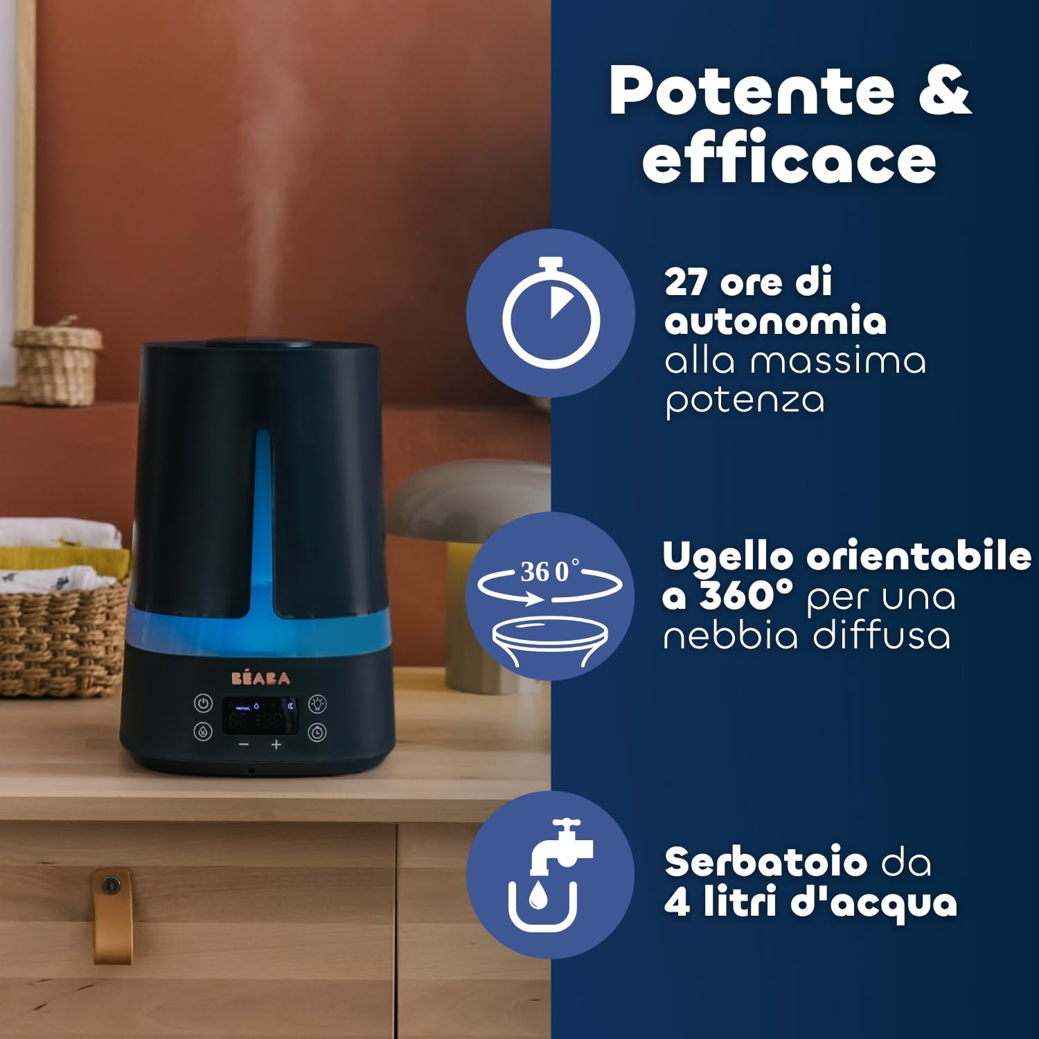 BÉABA, Umidificatore D’Aria Per Camera Del Bambino, Capacità 4L, Autonomia 27 Ore, Silenzioso, Luce Notturna 7 Colori Con 3 Livelli, Ugello 360°, 2 Modalità, Display LED, Timer, Blu notte