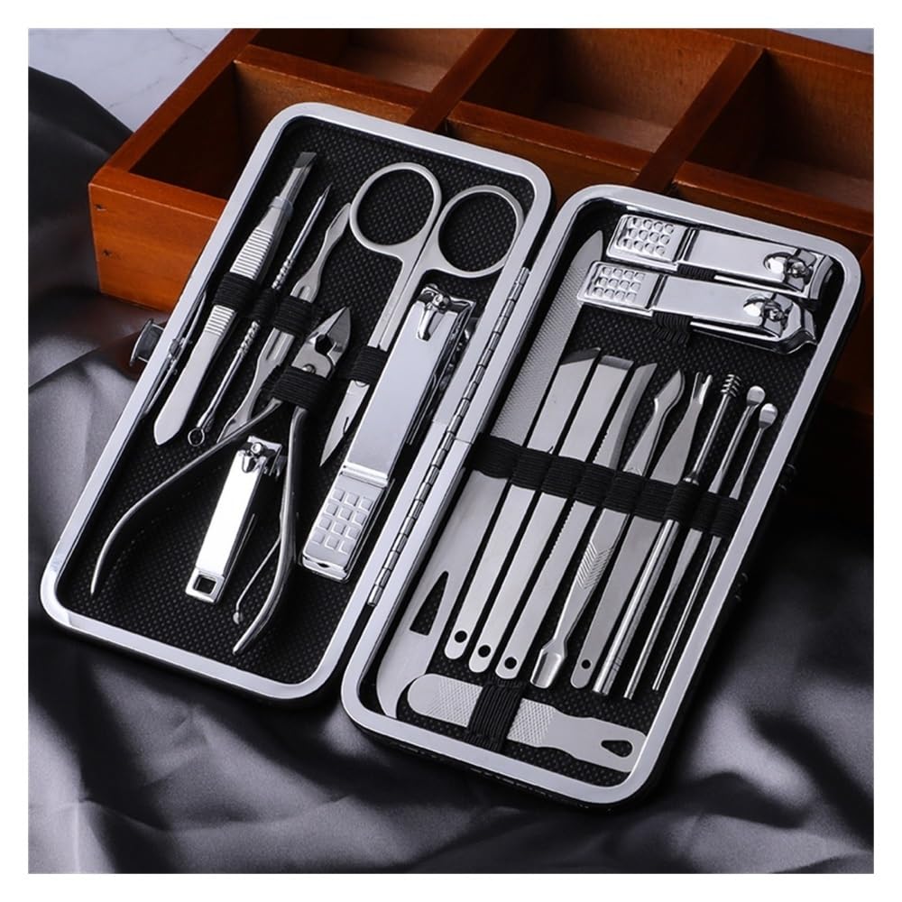 Tagliaunghie, Set per Manicure e Pedicure, Professionale, 19 Pezzi, in Acciaio Inox, per la Cura delle Unghie, con Custodia da Viaggio in Pelle per Uomo e Donna.