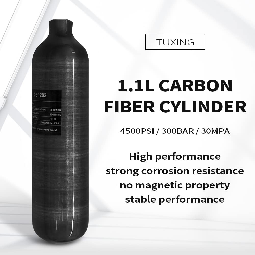 TUXING Réservoir d'air en fibre de carbone 1.1L 4500psi (bouteille vide) Paintball poste de remplissage avec deux manomètres jusqu'à 24 pouces tuyau haute pression M18*1,5