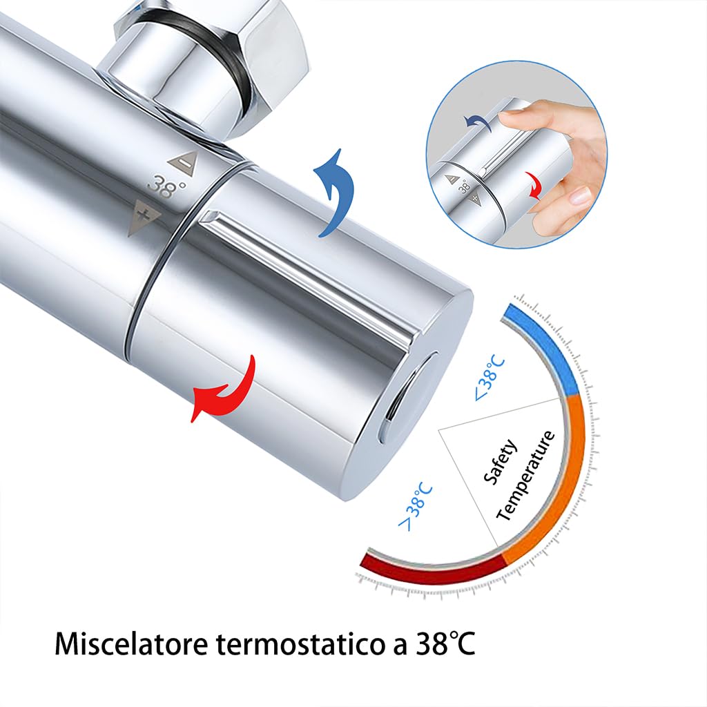 OCEAN ITALY Colonna Doccia con Rubinetto Termostatico, Miscelatore Doccia Soffione Doccia Quadrato in Acciaio Inox 20x20cm, Doccetta Tonda da 108mm, Altezza Regolabile 735-1170mm Cromo