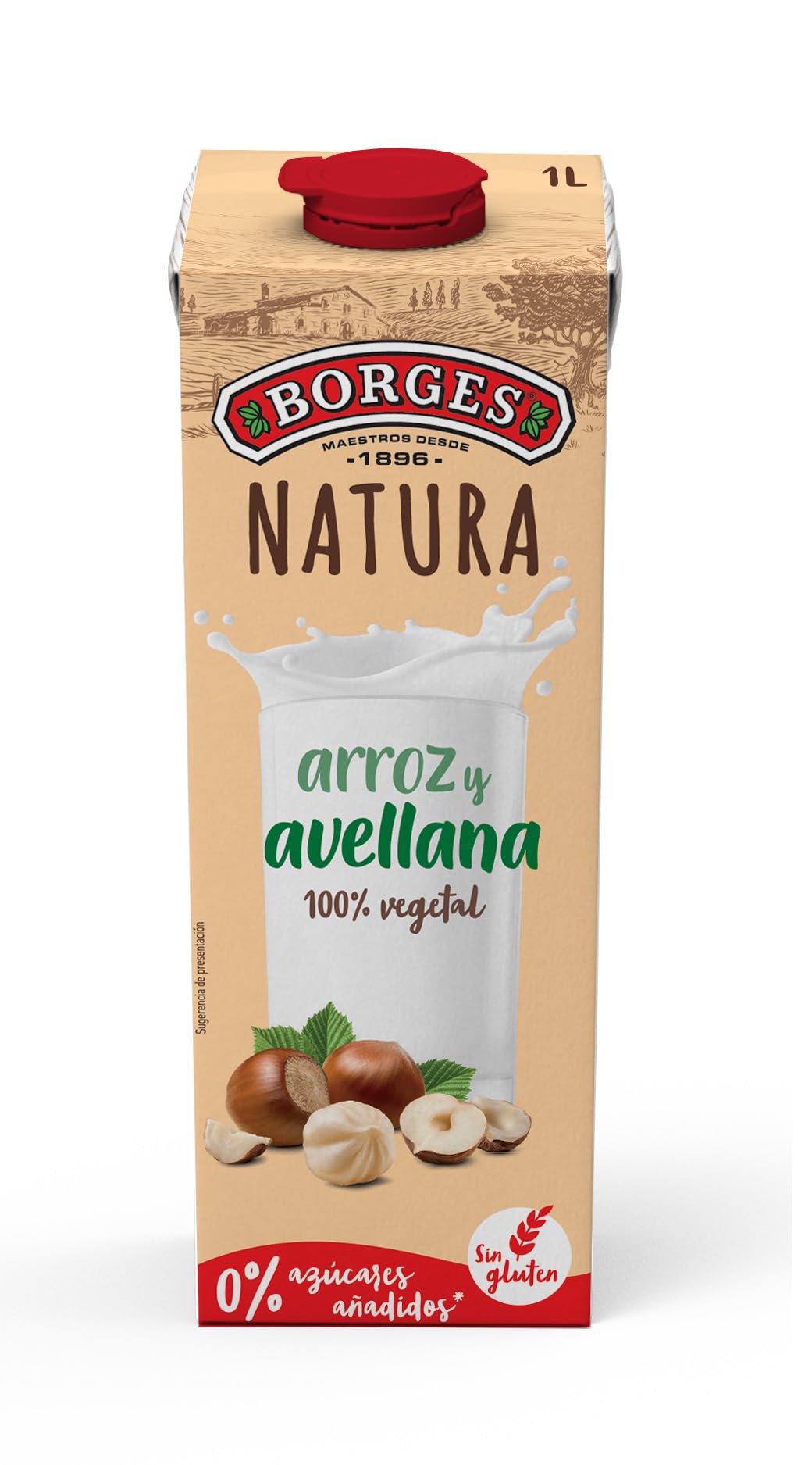 Borges Natura Rice & Hazelnut Drink | 100% Plant Based Milk, Gluten Free, Vegan Milk, Lactose Free, Dairy Free | No Added Sugar | No Added Preservatives - 1 Liter
