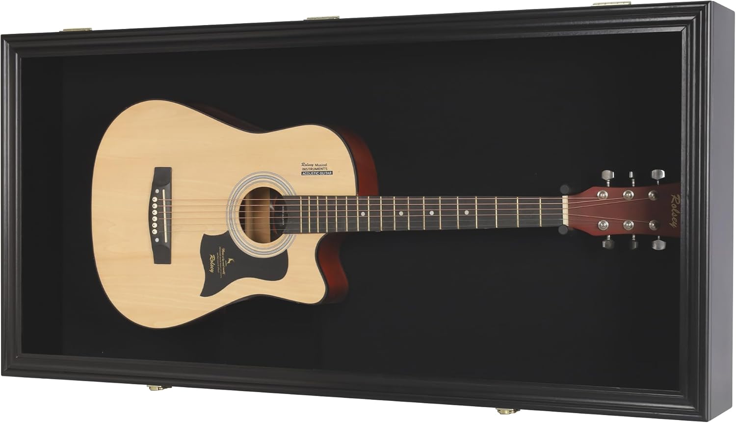 DisplayGifts 45" Acoustic Guitar Display Case Cabinet Shadow Box with Guitar Hanger Stand, Lockable 98% UV Protection Black Felt Interior Black Finish Frame