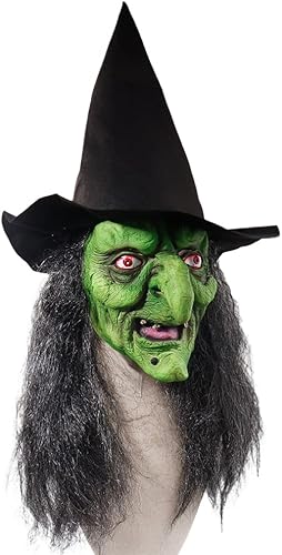 Miniatura 9 de Máscara facial de bruja de anciana con pelo y sombrero, disfraz de látex para Halloween, espeluznante y aterrador, disfraz de bruja para fiesta,