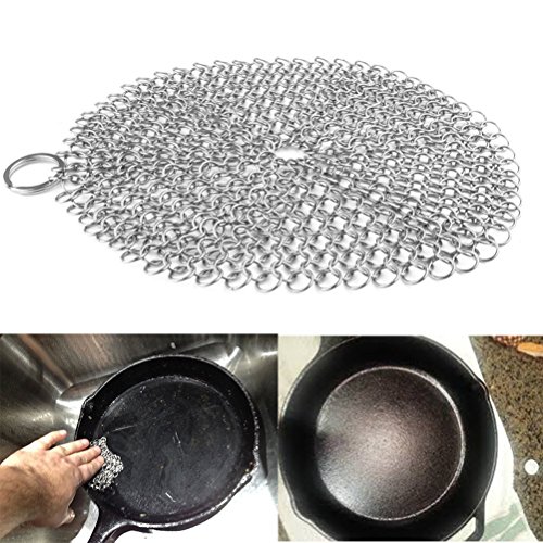 BESTOMZ 7x7 Inch Cast Iron Cleaner Stainless Steel Chain Mail Scrubber with Corner Ring for Skillet Pan Pot and Wok (Round)