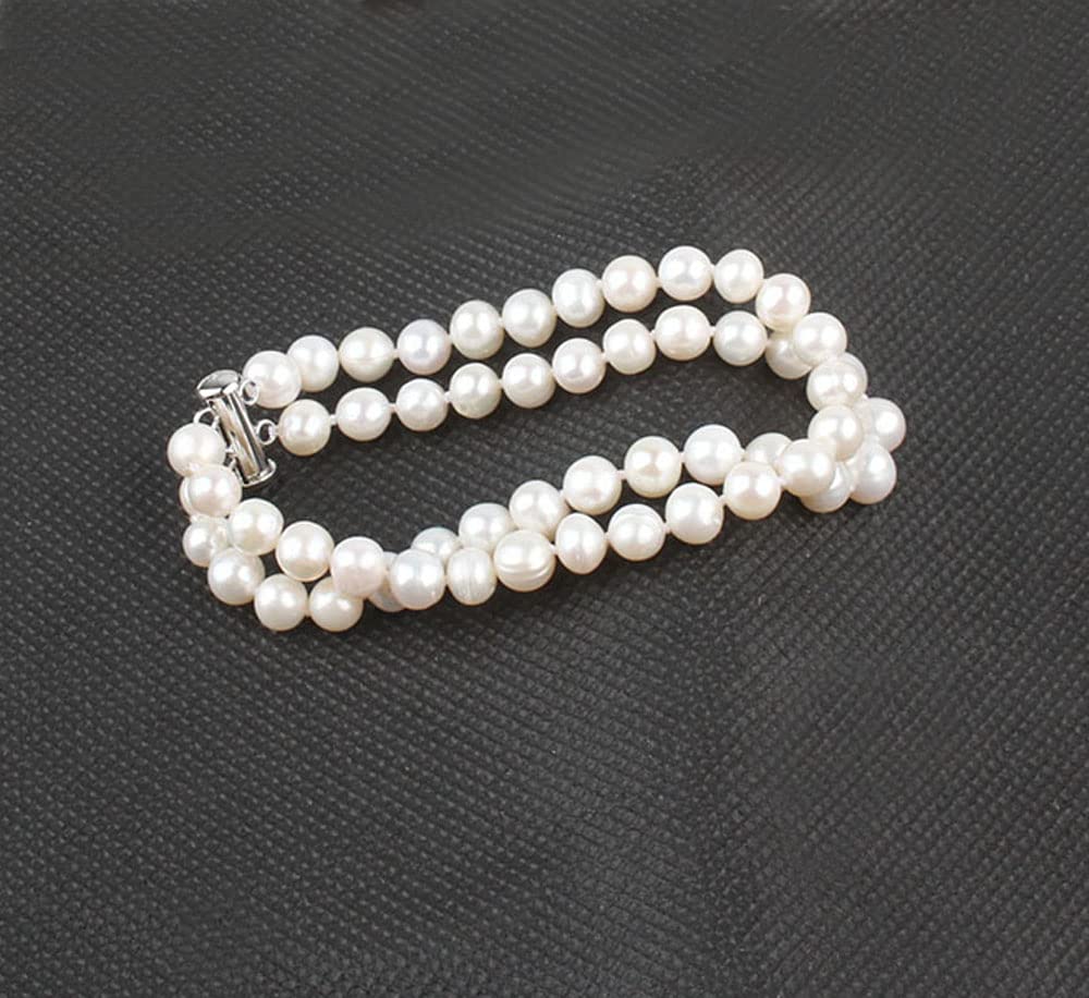 Elegantes zweireihiges Perlenarmband für Damen – Weiß – 18,5 cm, 7 mm