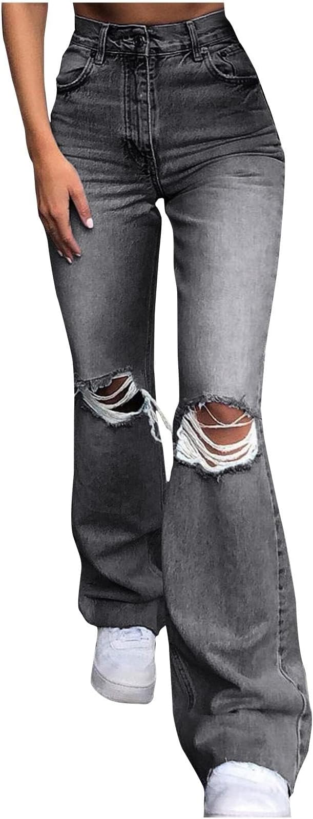 Women's Flare Bell Bottom Jeans High Waist Ripped Jeans Stretch Wide Leg Denim Pants Y2K Boyfriends Jeans
