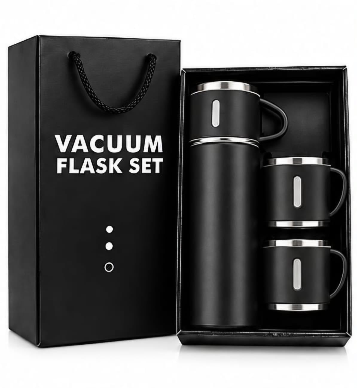 vacuum flask set 500ml with 2 stainless steel cups, insulated hot & cold water bottle, push button lid, portable thermos set for home, office, travel & gifting black (black)