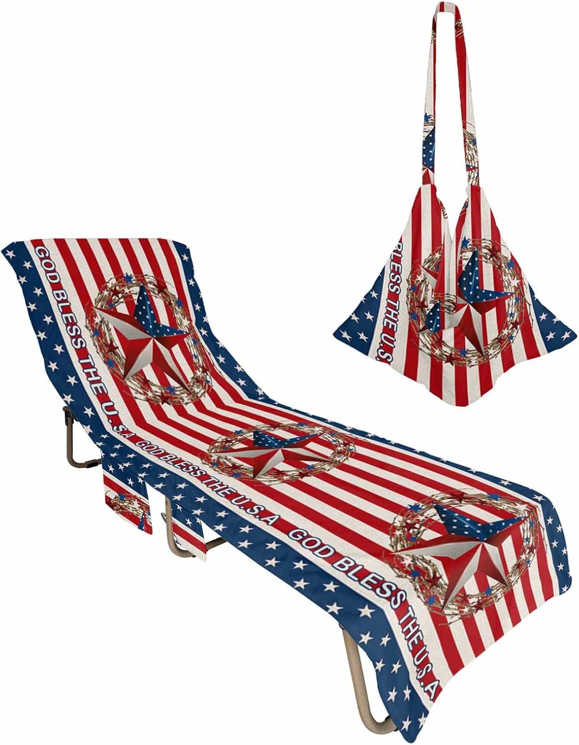 Country Rustic Star Beach Pool Patio Lounge Chaise Chair Cover Towel With Pockets,Absorbent & Quick Dry Microfiber Towel Cover Bag Summer Sunbathing Accessories Independence Day Red Blue Star Stripes
