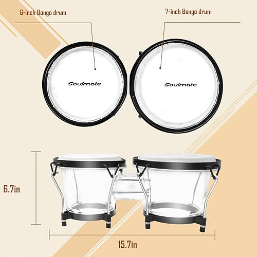 Miniatura 53 de Soulmate Bongo - Juego de tambores de 6 y 7 pulgadas para niños, adultos, principiantes, profesionales, cavidad transparente y metal, instrumentos
