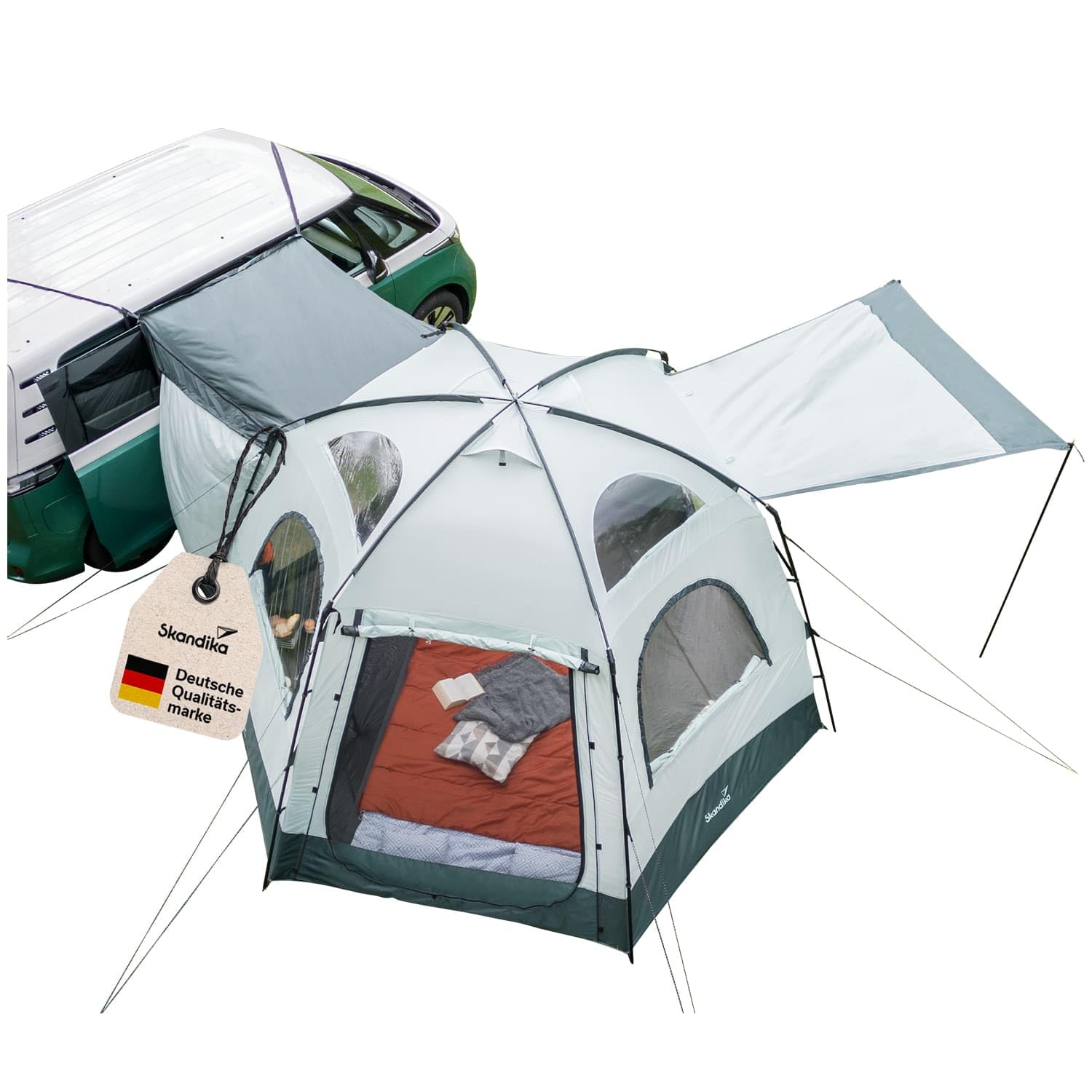 Skandika Busvorzelt Pitea Dome Protect | Freistehend, 2-4 Personen, Stehhöhe 2,2 m, 10,4 m² Wohnbereich, 3 Eingänge, Folienfenster, Moskitonetz, 3000 mm Wassersäule | Zelt für Auto, Bus, Van, Bulli