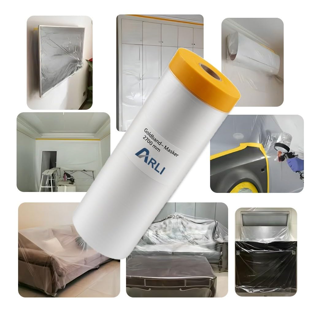 ARLI Goldband Masker 2700 mm x 16 m Abdeckfolie mit Klebeband Malerfolie Baufolie transparent HDPE Folie mit Washi Tape für Abdeckarbeiten im Innen- und Außenbereich (20 Stück/Rollen)