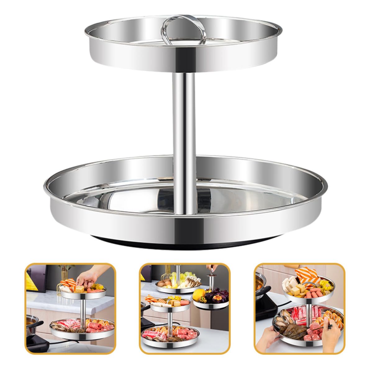 Operitacx Plateau à Gâteau en Métal Double Couche en Acier Inoxydable, Plateau Ménager Pratique et Portable pour Fruits et Légumes, Cuisine et Service