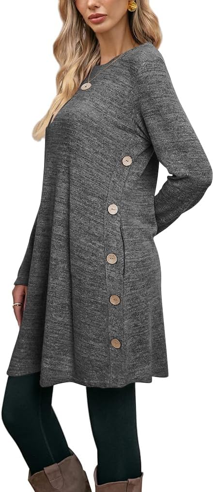 Poetsky Womens Tunic or Tops to Wear with Leggings Long Sleeve Side Buttons Swing Casual Long Shirts with Pockets S-3XL - Image 3