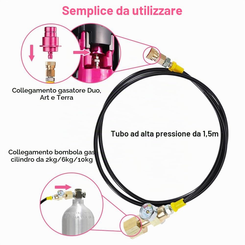 Co2 Adattatore tubo ad alta pressione 1,5 m con manometro, compatibile con Duo, Crystal 3.0, Gaia, Art e Terra, supporto per bombola di gas Co2 più grande con blocco di