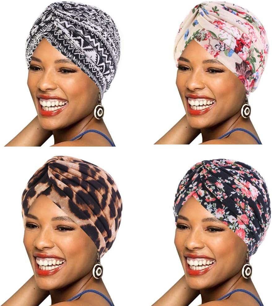 BABAHU 1Pack / 2Packs / 4Packs Women Turban African Pattern Cotton Knotted peas pre-Tied hat Makeup Cap Hair Loss Cap