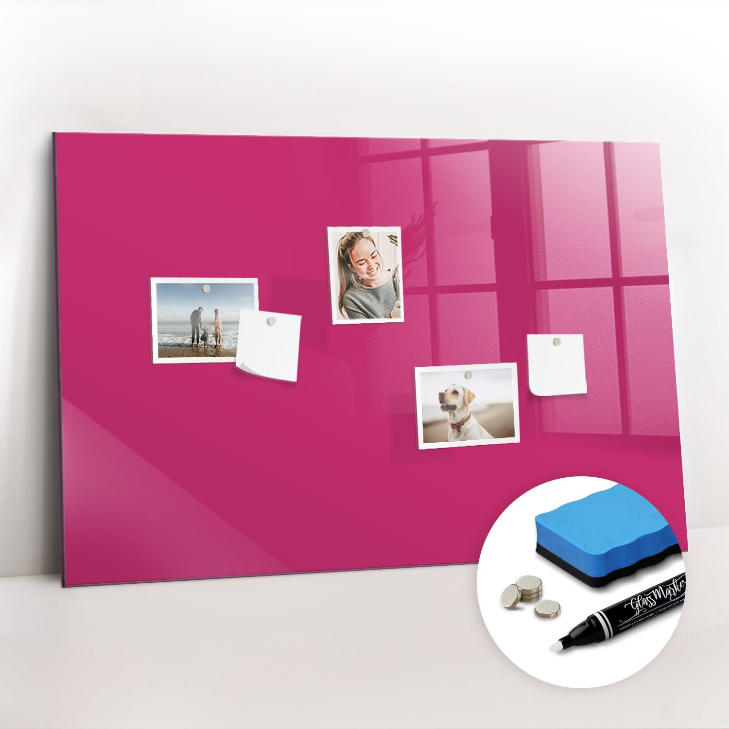 Pizarra blanca magnética de vidrio | Incluye imanes fuertes neodimio, rotulador y borrador | Superficie templada resistente al uso intensivo- 90x60 - Color rosa fuerte