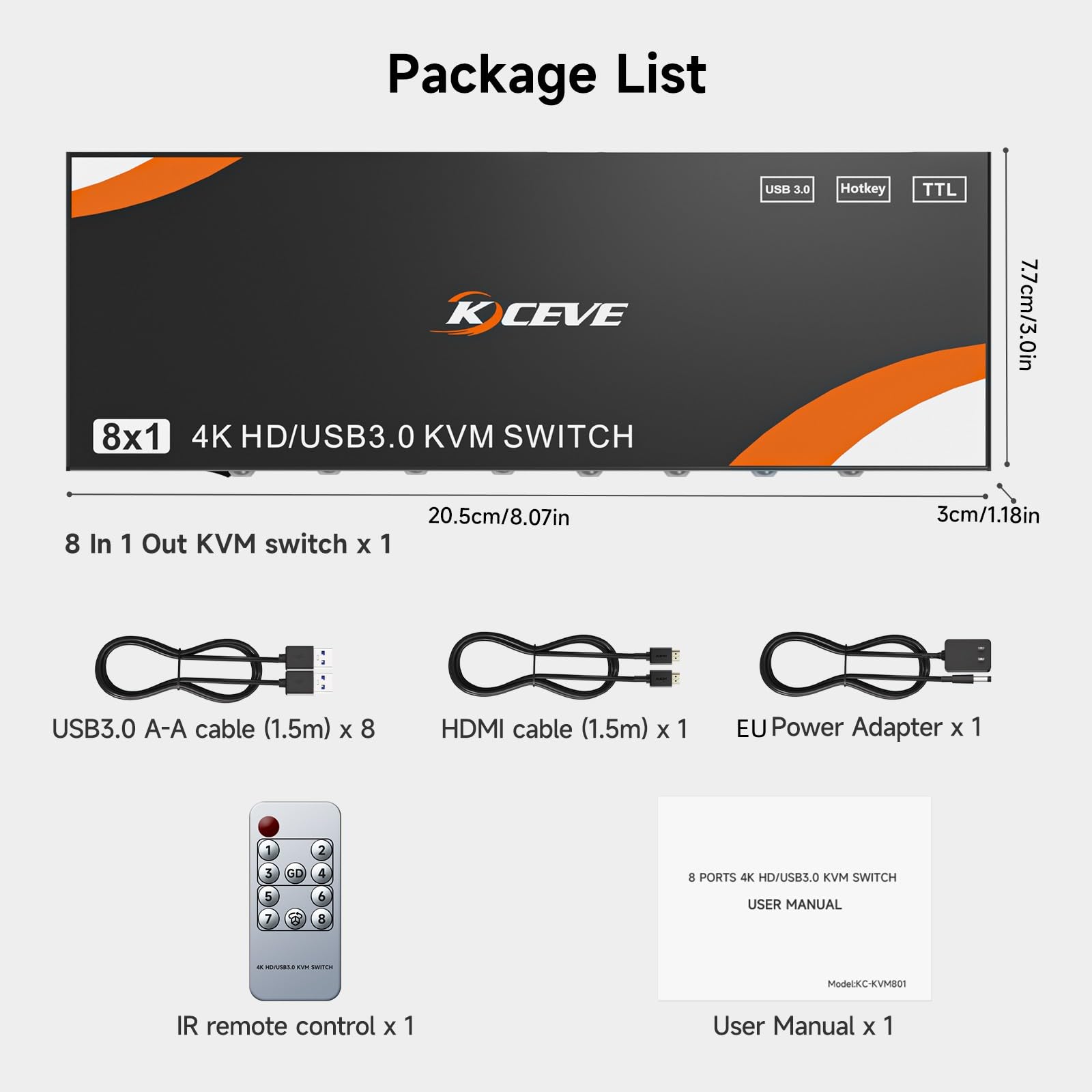 Przełącznik HDMI KVM 8 komputer i 1 monitor, przełącznik USB 3.0 KVM z obsługą 4K 60 Hz dla 8 komputerów ze wspólną klawiaturą i myszką, kompatybilny z Windows/Linux/Mac itp