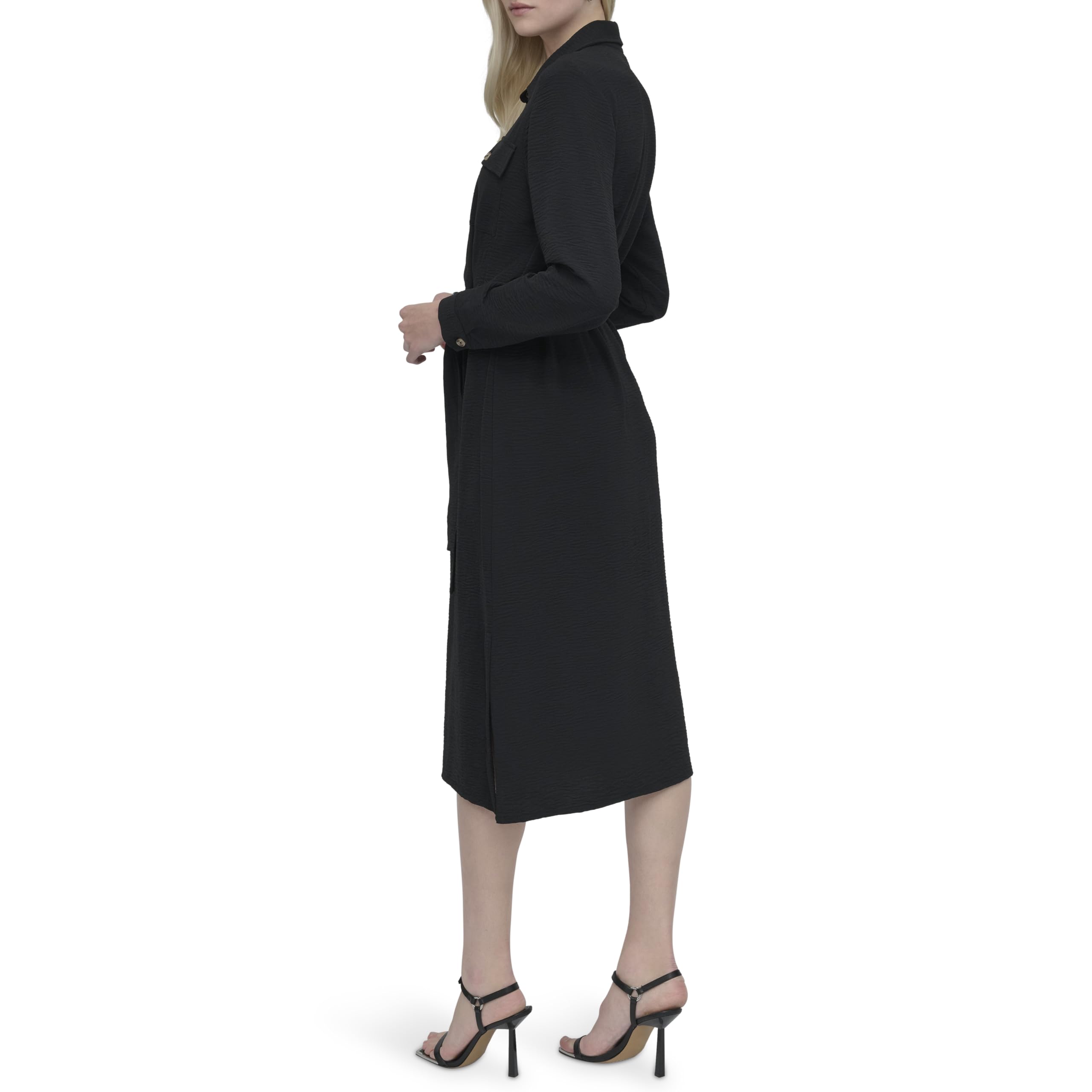 DKNY Long Sleeve Collared Tie Midi Shirtdress Vestido Mujer