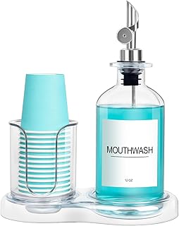 Glass Mouthwash Dispenser with Cup Holder for Bathroom, 12oz Refillable Mouthwash Bottles Container with Tray, Funnel, and Waterproof Label (Silver)