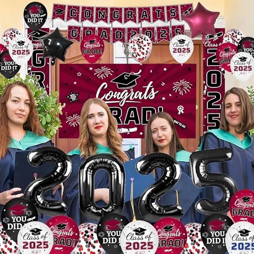Image of Graduation Decorations Class of 2025,Red Themed Graduation Decorations Party Set Includes Backdrop Banner, Hanging Swirl,Door Banner,2025 Foil Balloons, Latex Balloons for Senior School Celebrations