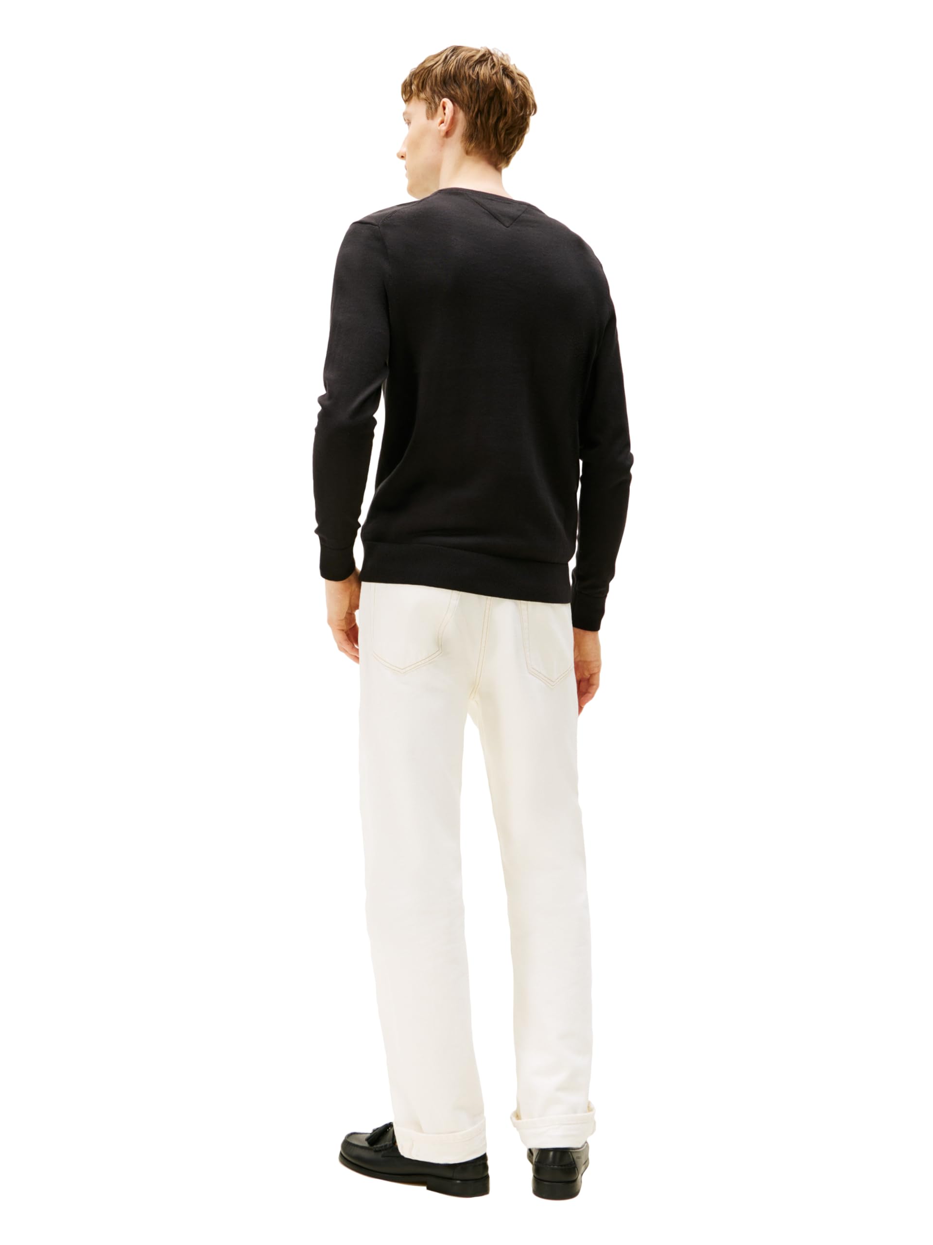 Tommy Hilfiger Męski bawełniany solidny sweter z dekoltem w serek, lekki sweter, czarny, M, Czarny, M