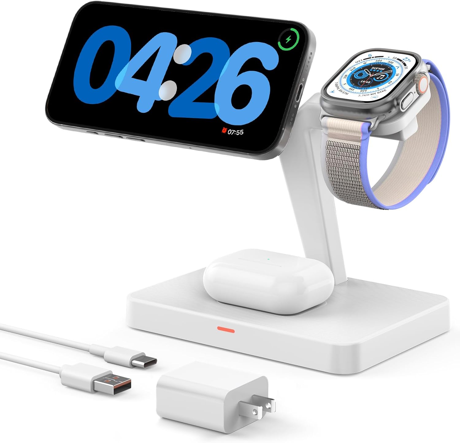 JoyGeek 3-in-1 Magnetic Wireless Charging Station for iPhone 16/15/14/13/12 Series & Apple Watch Ultra 2/SE; 360° Adjustable Phone Stand with 18W Adapter, Compatible with AirPods Pro/3/2