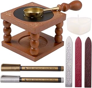 CRASPIRE Wax Seal Furnace Set Spoon Holder Wooden Warmer with Brass Spoon+ 3pcs Sticks + 2pcs Pens+ Heart Candle for Wedding Invitations Envelopes Valentines Day Gift