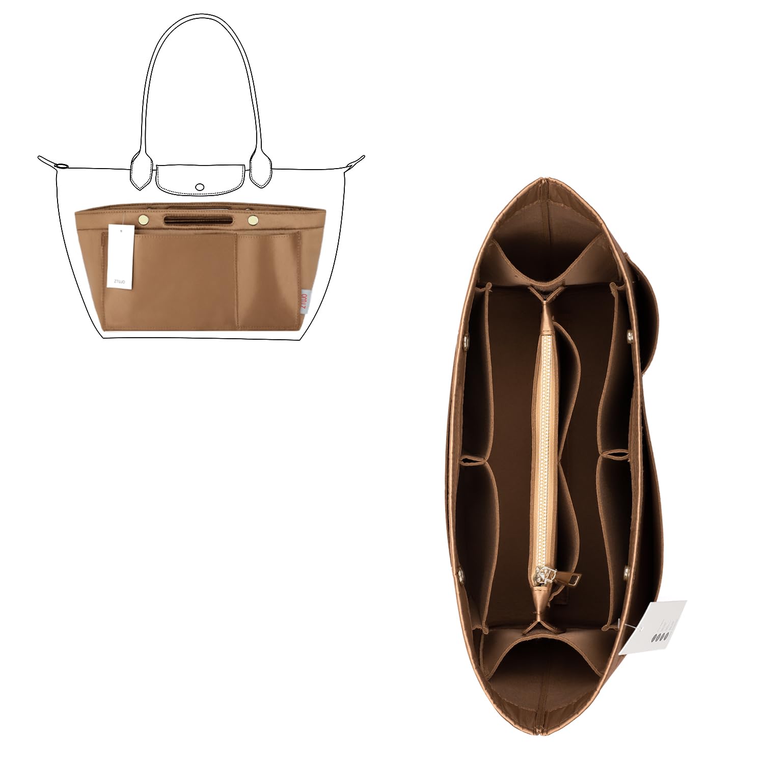 ZTUJO Purse Organizer Insert For Handbags, Silky Bag Organizer With 2 Zippers For Speedy Neverful Tote and More (Brown, X-Large)