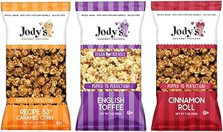 Jody’s Gourmet Popcorn 3-Pack Variety – 7oz Bags of Cinnamon Roll, English Toffee, and Recipe 53 Caramel Corn – Sweet Artisan Popcorn Snack Mix – Small-Batch Handcrafted Non-GMO Perfection