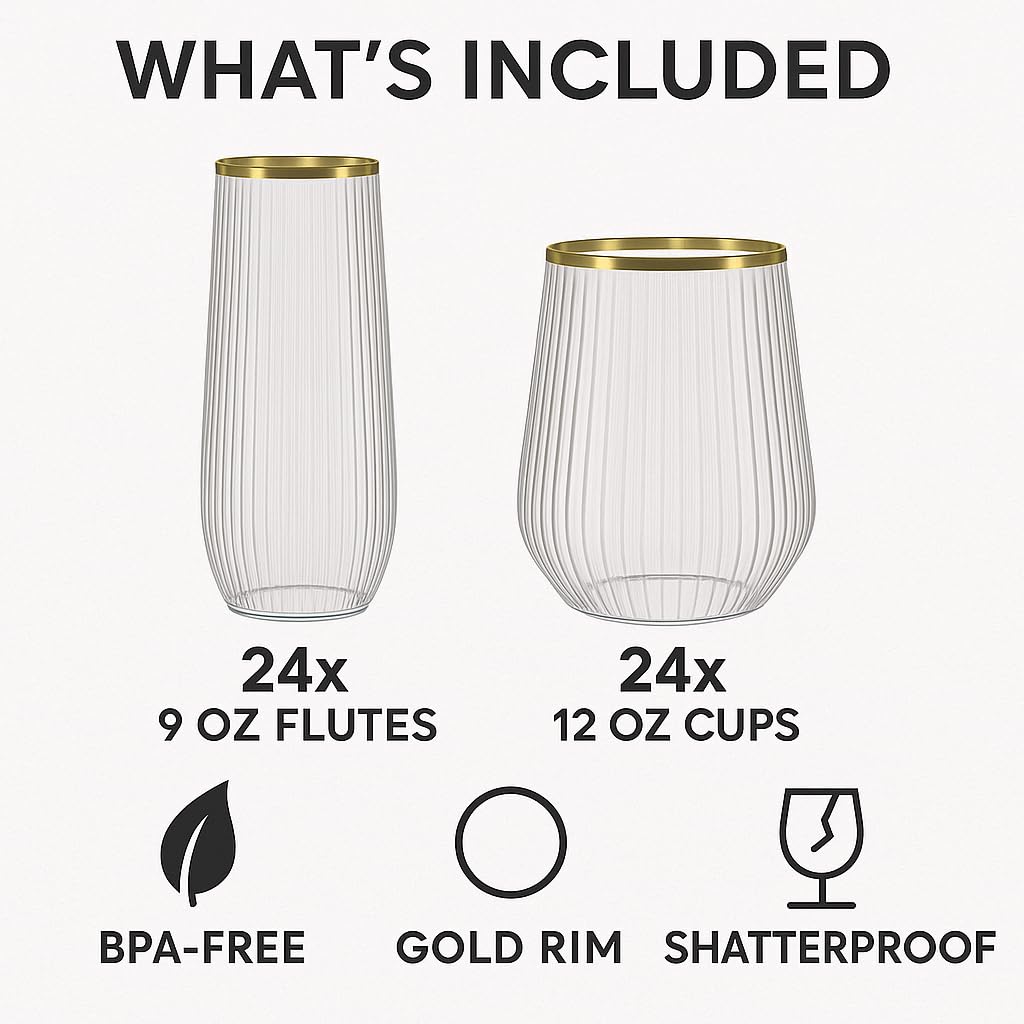 Oojami 48 Pack Plastic Champagne Flutes and Wine Glasses Set with Gold Rim — Amazon image 2