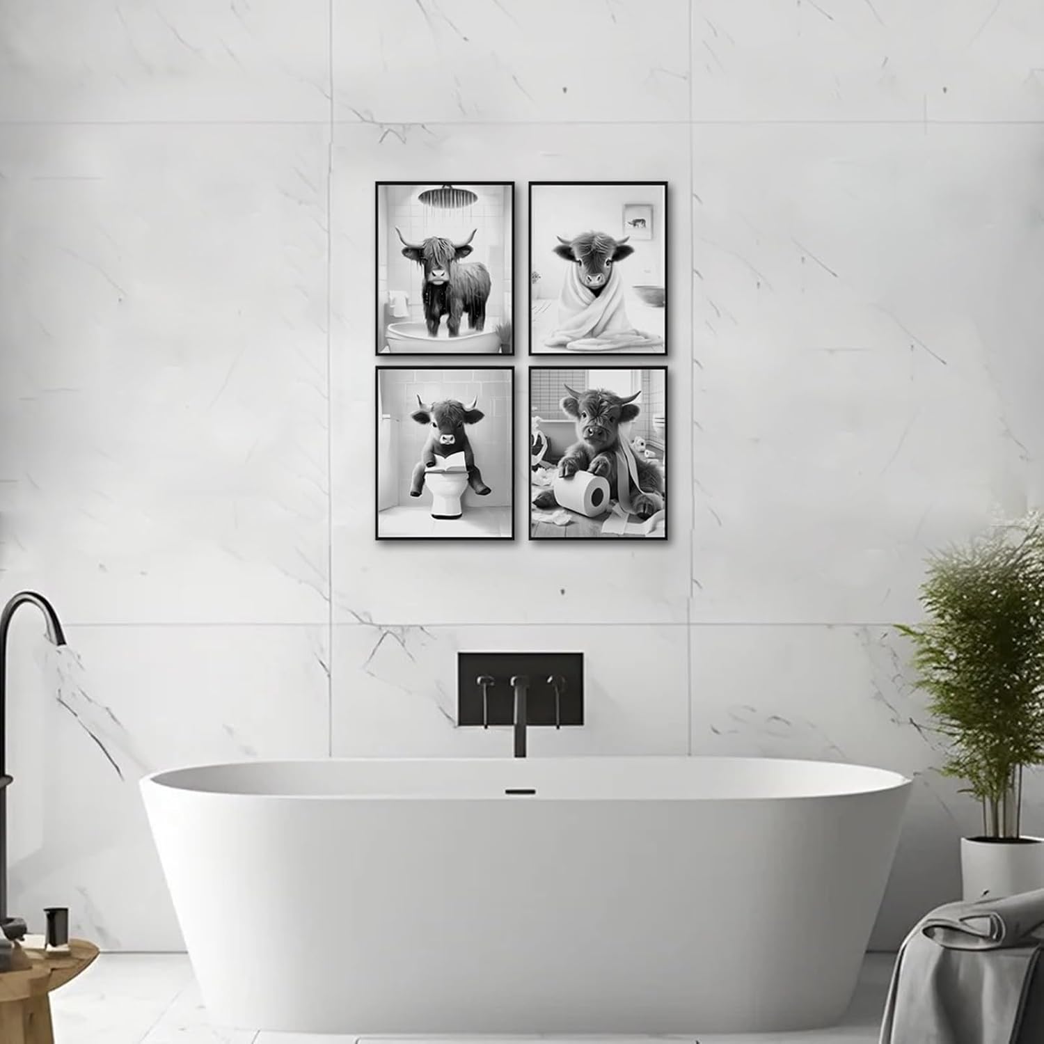 Western Cow Bathroom Decor Wall Art,Funny Highland Cow Wall Art in Restroom,Black and White Wall Decor,Highland Cow Canvas Art Prints,Rustic Retro Bathroom Wall Decor Humor Animals Artwork Prints,8x10inchx4pcs,Unframed image 2