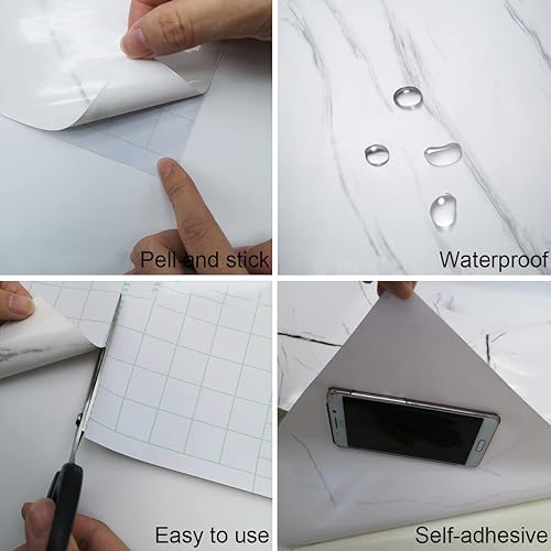 Miniatura 6 de TOTIO Papel tapiz de mármol blanco leche ancho, 24 x 394 pulgadas, brillante, grueso, impermeable, adhesivo texturizado de granito blanco, papel de