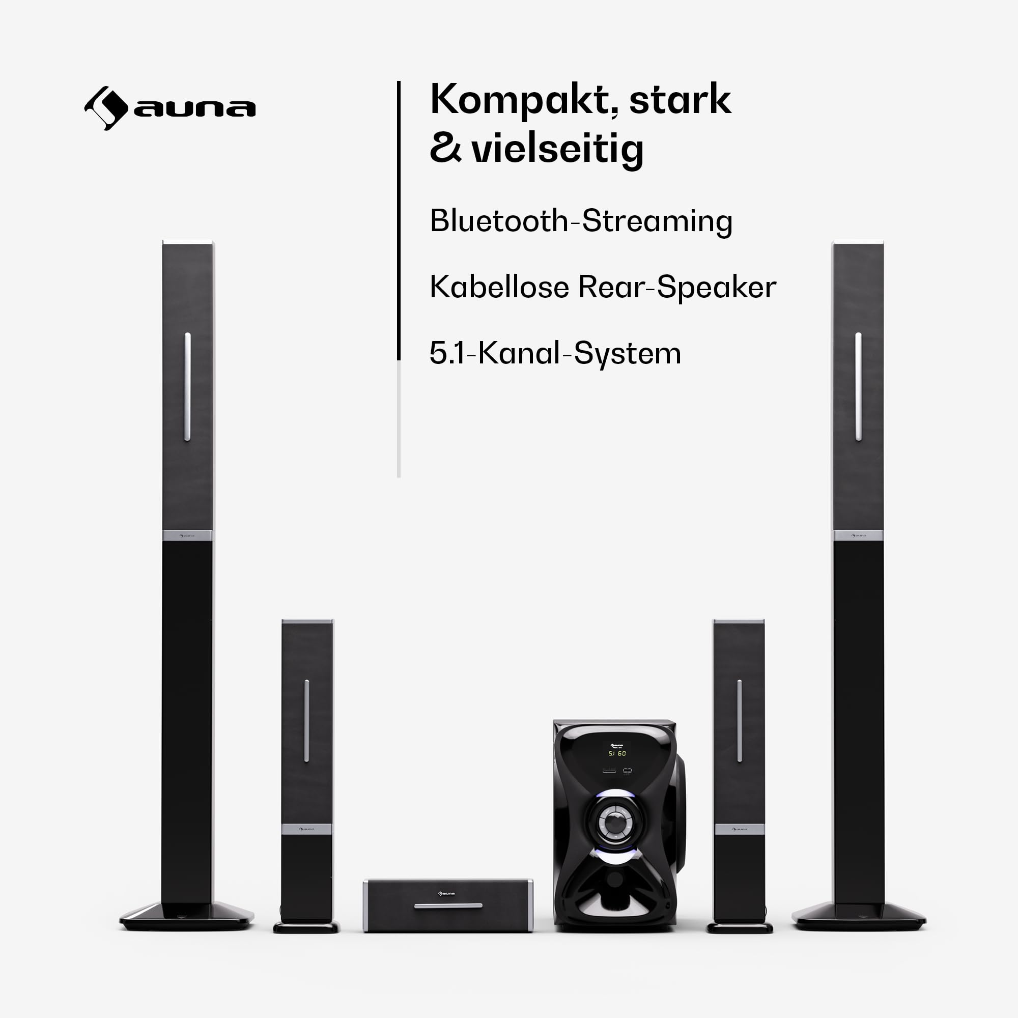 auna Areal 825 5.1 Soundsystem Kabellos mit Bluetooth, 100-W-Subwoofer und RGB-Beleuchtung - USB-/SD-Anschlüsse, AUX und Optischer Eingang, Heimkino-Lautsprecher mit Fernbedienung