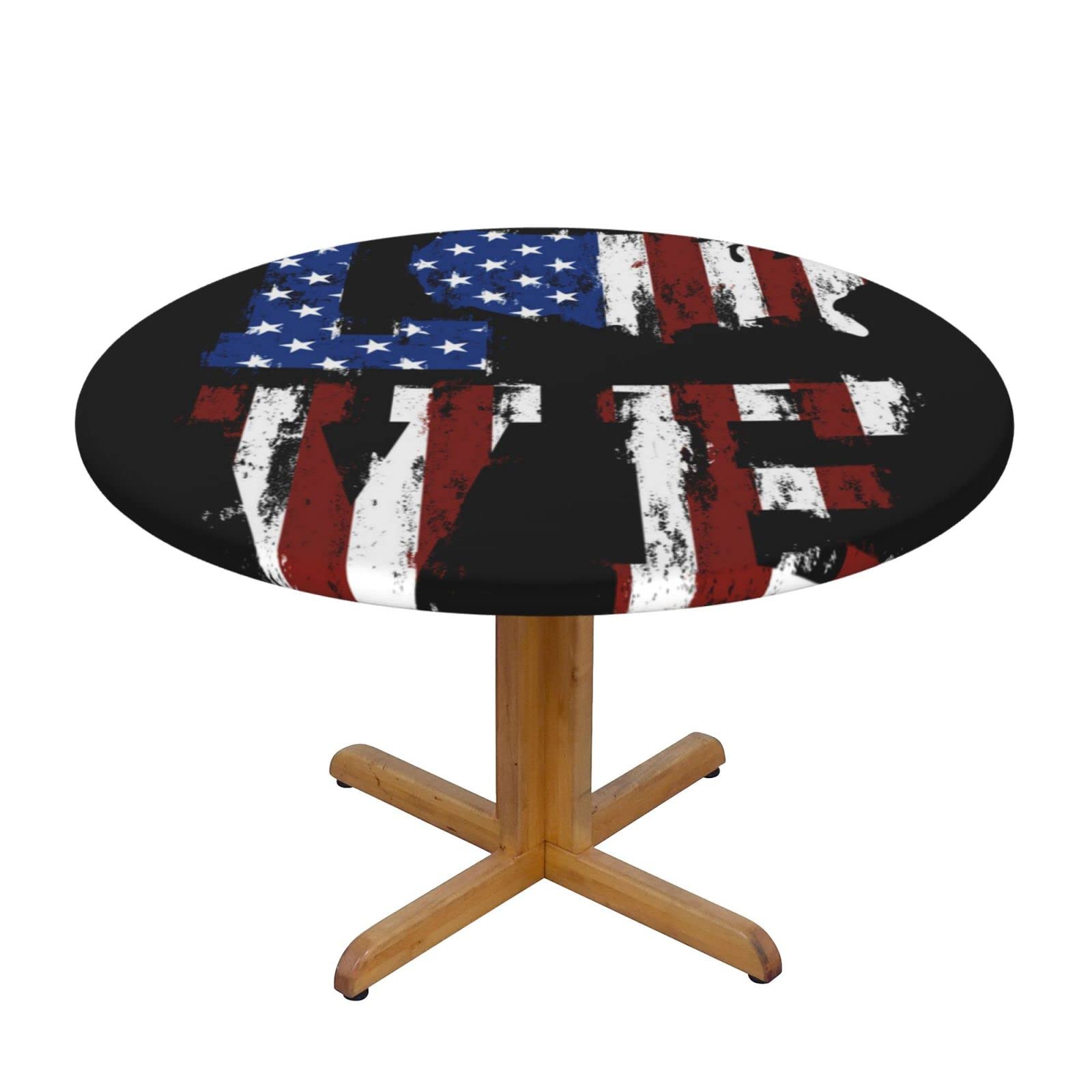 Lsjuee Round Fitted Tablecloth 45-50in Elastic Edged Table Cloth for Kitchen Dining Party Home Decor - Love American Flag Black