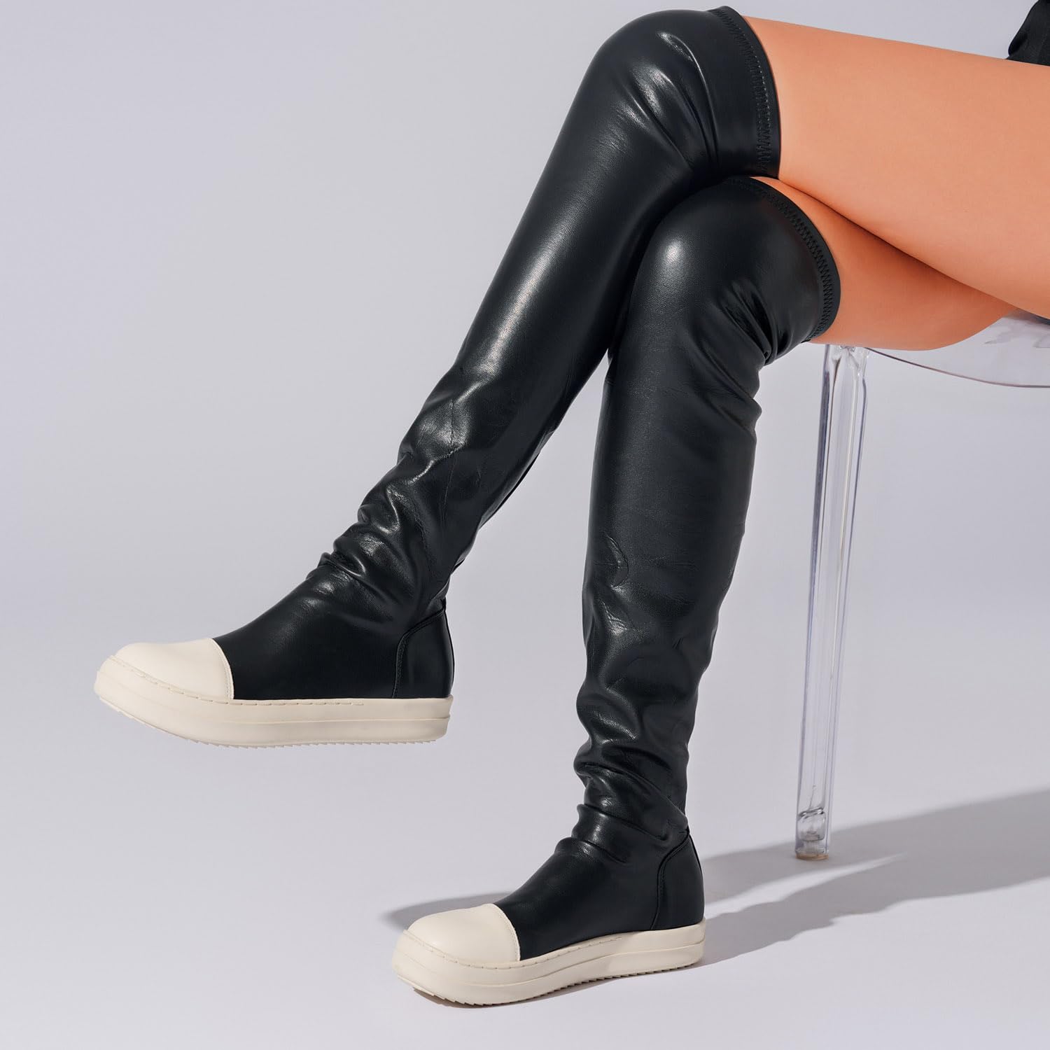 MOFEEDOUKA oberschenkelhohe Damen-Stiefel mit runder Zehenpartie, Overknee-Stiefel