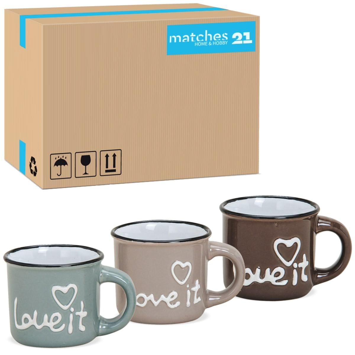 Süße Espressotassen in Email Optik grau, beige, braun mit Spruch 72 Stk. Karton - Retro Keramik Espresso Tassen in 50ml für italienischen Kaffee - Kleine spülmaschinenfeste Espressobecher als Geschenk