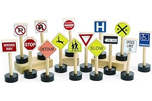 Excellerations 15-Piece Wooden Street Signs Playset for Kids - Realistic Traffic Signs...