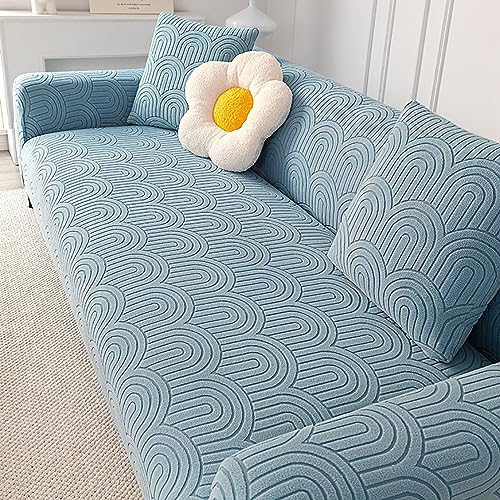 Housse de canapé anti-poils et taches en velours extensible bleu 1 place - 2