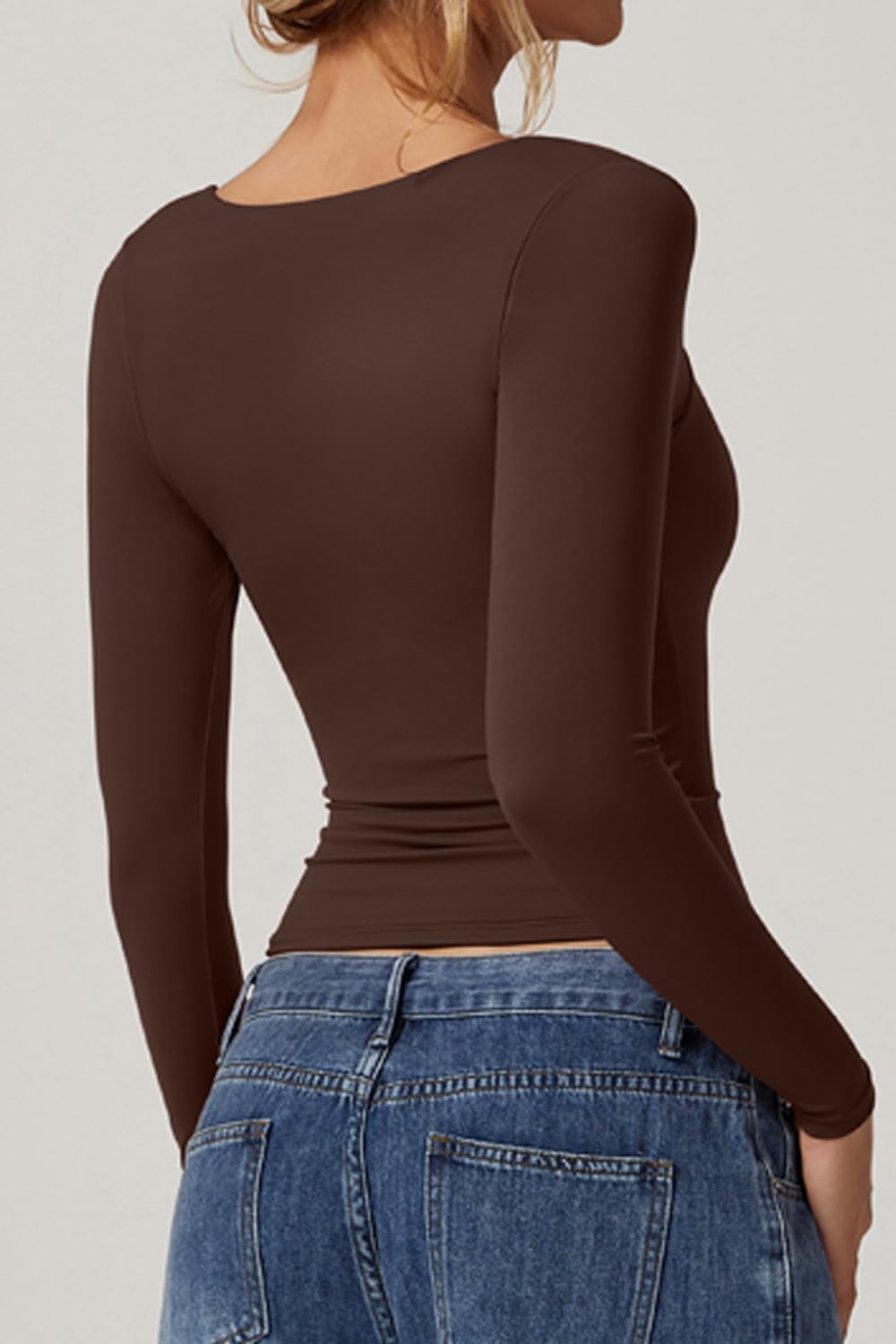 QINSEN Womens Slimming Fit Sweetheart Neck Long Sleeve Basic Crop Tops Stretch Going Out Tee Shirt - Image 3