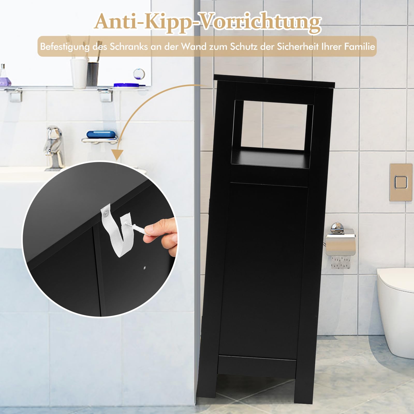 COSTWAY Wolnostojąca szafka łazienkowa, szafka do przechowywania z 2 drzwiami z rolety, szafka kuchenna, komoda łazienkowa, drewniana szafka do łazienki, kuchni, salonu (czarna)