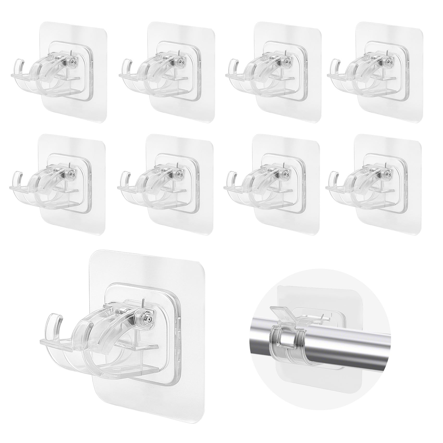 Curtain Rod Brackets No Drilling, 8 PCS Self Adhesive Curtain Rod Holder, Non Drill Sticky Nail Free Drillless Rods Hanger Bracket Holders for Wall Home Kitchen Bedroom Bathroom Hotel (Transparent)
